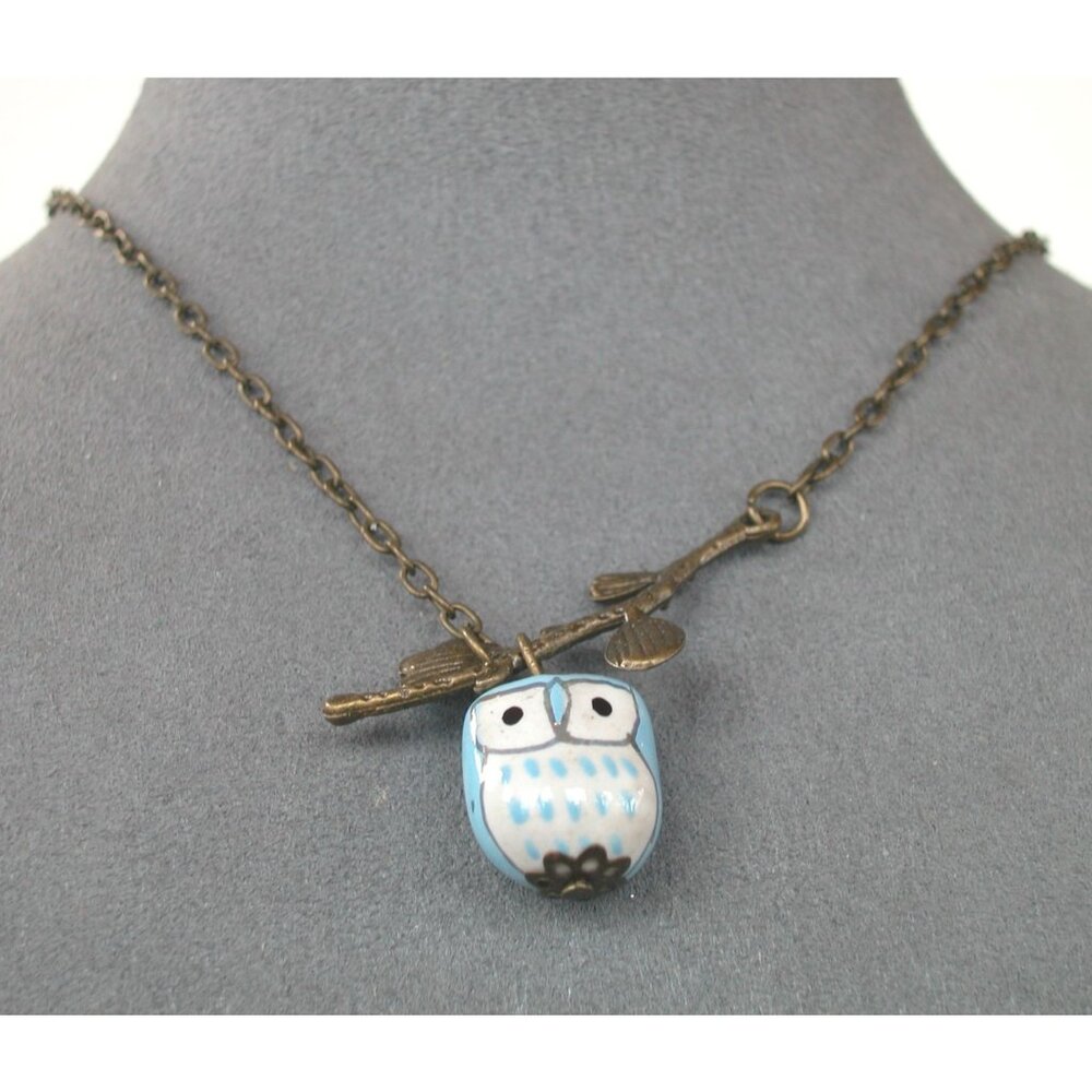Ceramic Owl Pendant Necklace & Earrings Set  Antique Bronze Chain / Lobster Clas